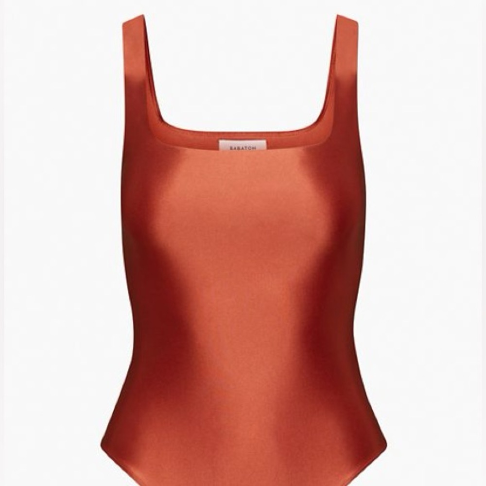 Aritzia Babaton Satinette Square Neck Tank Bodysuit in Corsa Red / Rust
